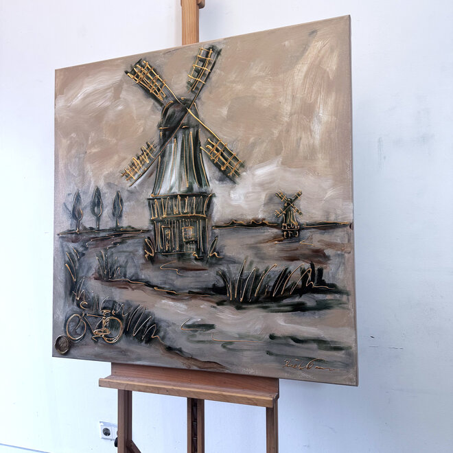 Painting- 100x100cm - Rick Triest - Dutch Windmill - Sepia & Green #4
