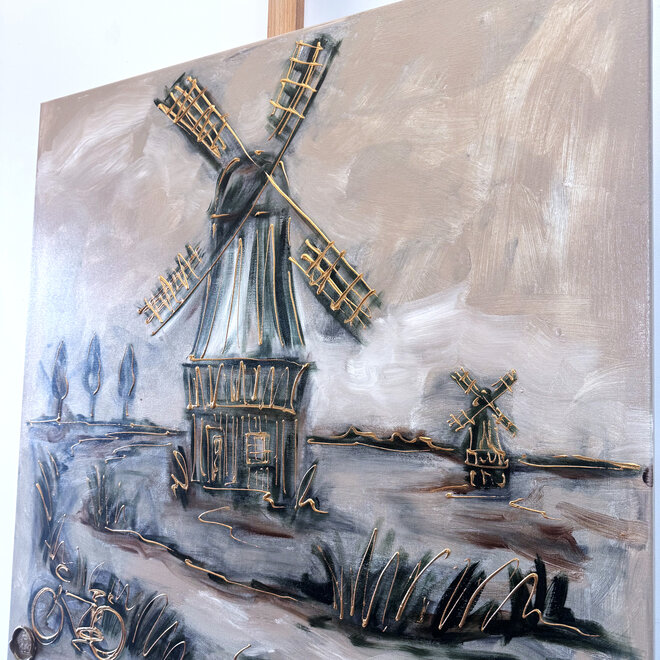 Painting- 100x100cm - Rick Triest - Dutch Windmill - Sepia & Green #4
