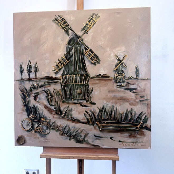 Painting- 100x100cm - Rick Triest - Dutch Windmill - Sepia & Green #5