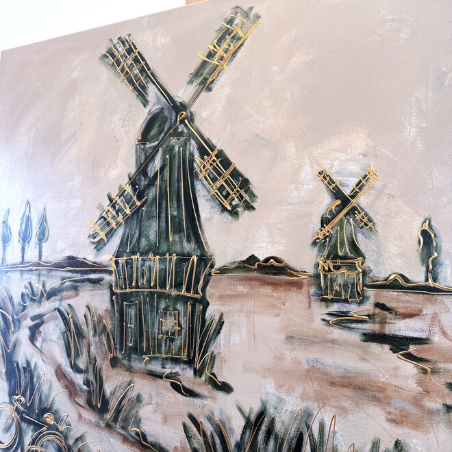 Painting- 100x100cm - Rick Triest - Dutch Windmill - Sepia & Green #5