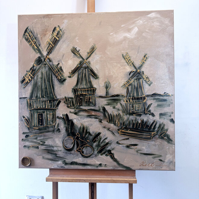 Schilderij- 100x100cm - Rick Triest - Hollandse molen - Sepia & Groen #6