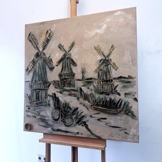 Schilderij- 100x100cm - Rick Triest - Hollandse molen - Sepia & Groen #6