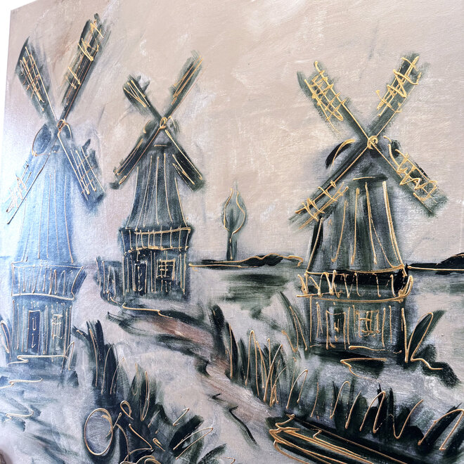 Schilderij- 100x100cm - Rick Triest - Hollandse molen - Sepia & Groen #6
