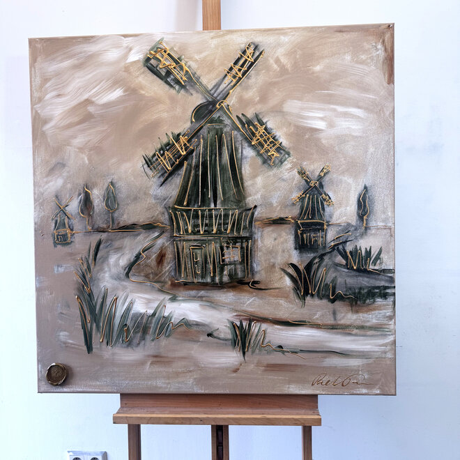 Schilderij- 100x100cm - Rick Triest - Hollandse molen - Sepia & Groen #7