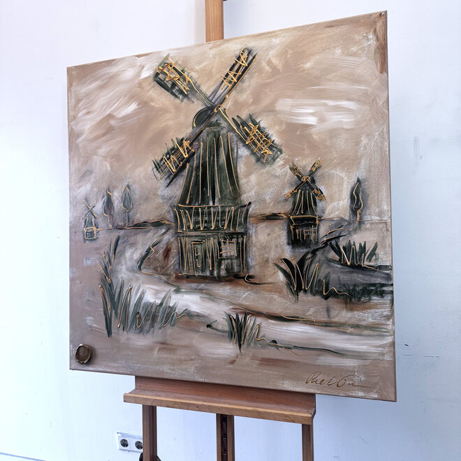 Schilderij- 100x100cm - Rick Triest - Hollandse molen - Sepia & Groen #7