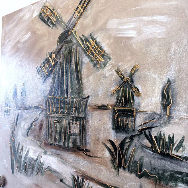 Schilderij- 100x100cm - Rick Triest - Hollandse molen - Sepia & Groen #7