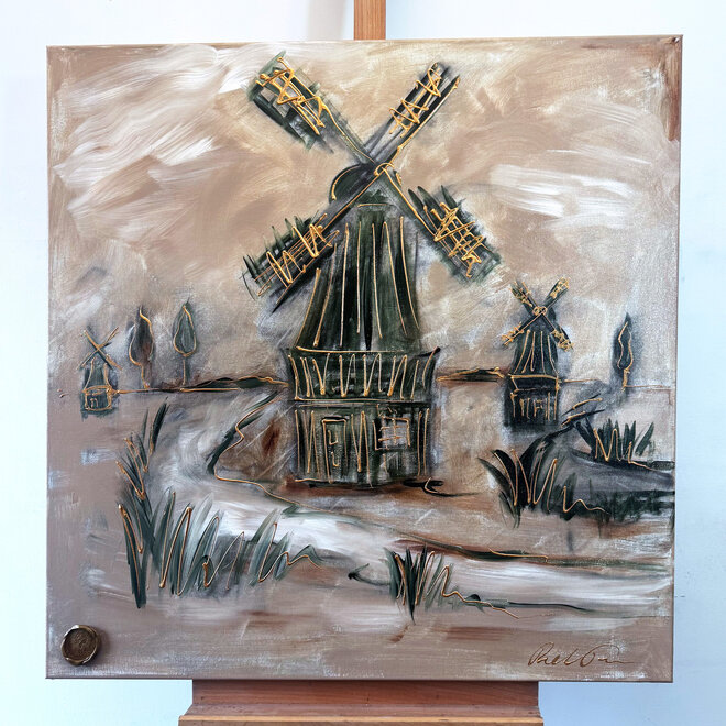 Painting- 100x100cm - Dutch Windmill - Sepia & Green #7
