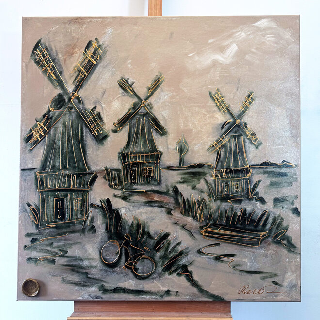 Painting- 100x100cm - Rick Triest - Dutch Windmill - Sepia & Green #6