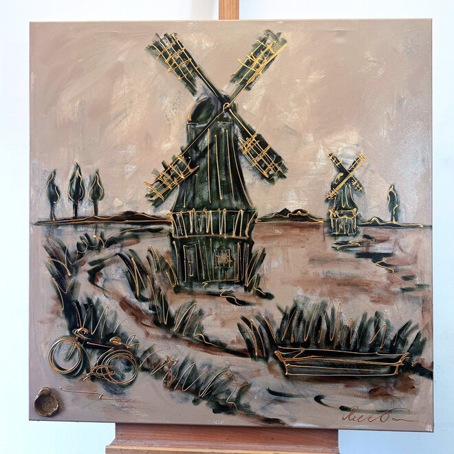 Painting- 100x100cm - Rick Triest - Dutch Windmill - Sepia & Green #5