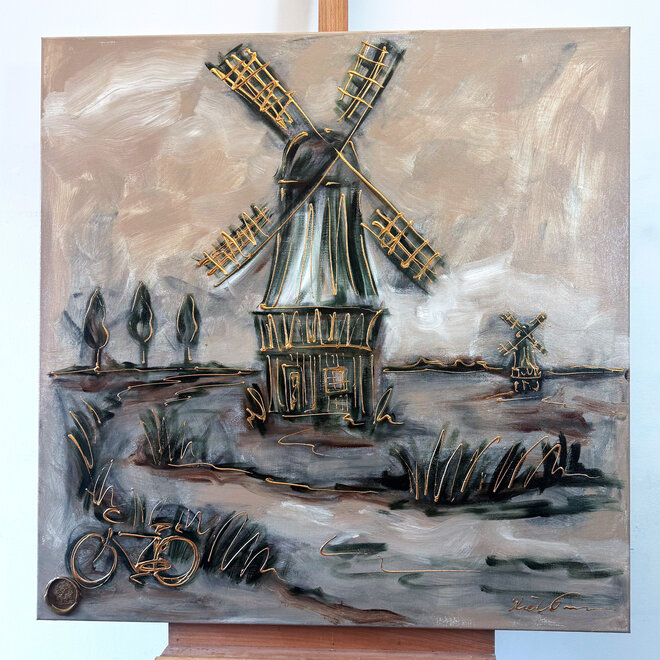 Painting- 100x100cm - Dutch Windmill - Sepia & Green #4
