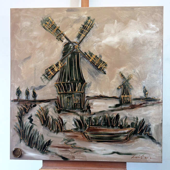 Painting- 100x100cm - Dutch Windmill - Sepia & Green #4