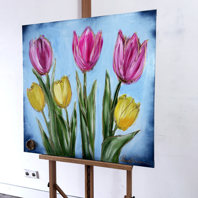 Schilderij - 80x80 cm - Rick Triest - Contemporary tulip composition #10