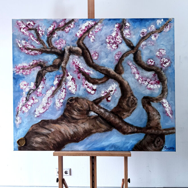 Olieverf schilderij- 100x120 cm - Amandelbloesem - Prussian Blue & Gold