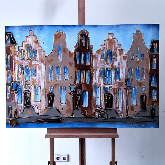 Schilderij- 80x120x4,5 cm - Amsterdam Herengracht - Blue & Gold #126