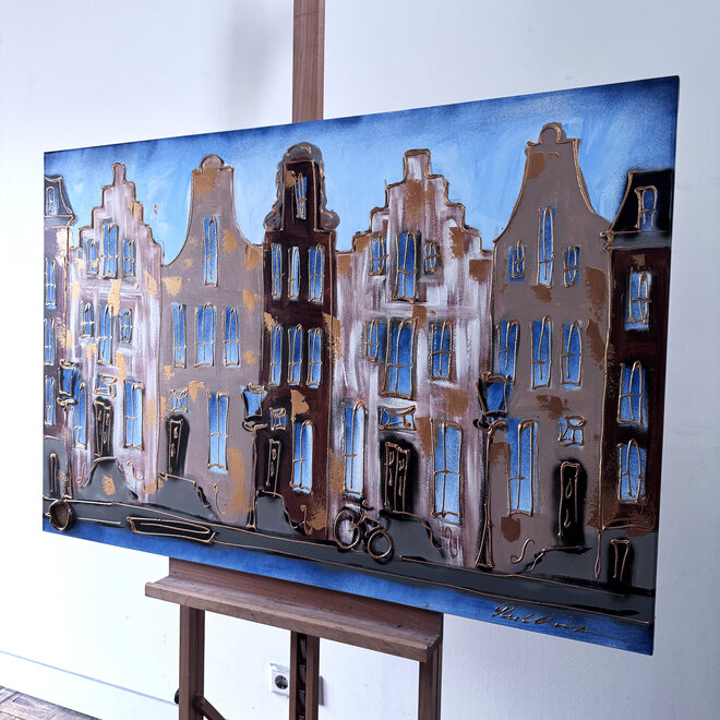 Schilderij- 80x120x4,5 cm - Rick Triest - Amsterdam Herengracht - Blue & Gold #126