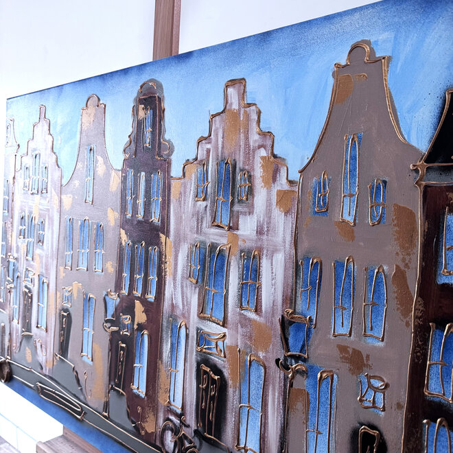 Schilderij- 80x120x4,5 cm - Rick Triest - Amsterdam Herengracht - Blue & Gold #126