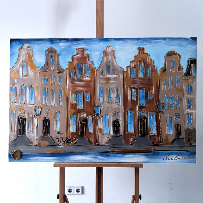 Schilderij- 80x120x4,5 cm - Amsterdam Herengracht - Blue & Gold #125