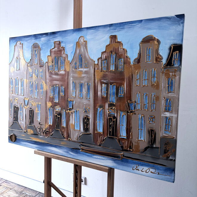Schilderij- 80x120x4,5 cm - Rick Triest - Amsterdam Herengracht - Blue & Gold #125