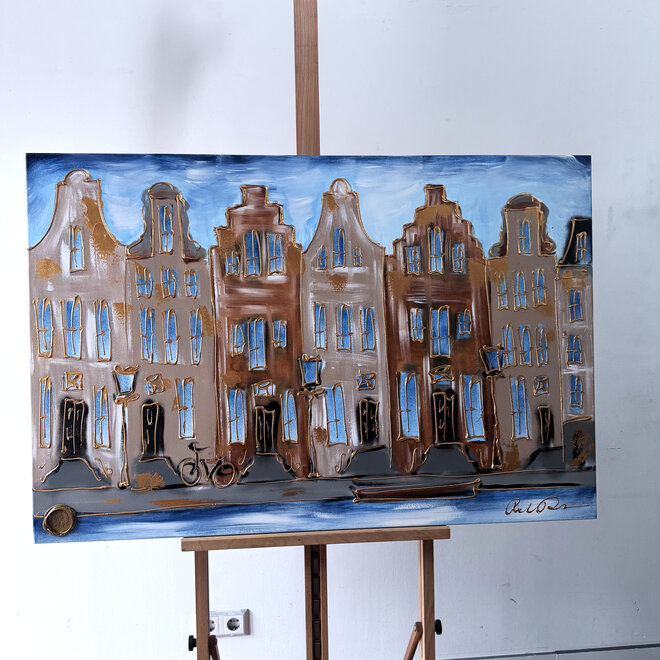 Schilderij- 80x120x4,5 cm - Rick Triest - Amsterdam Herengracht - Blue & Gold #125