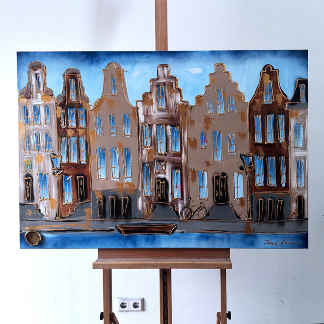 Schilderij- 80x120x4,5 cm - Amsterdam Herengracht - Blue & Gold #124
