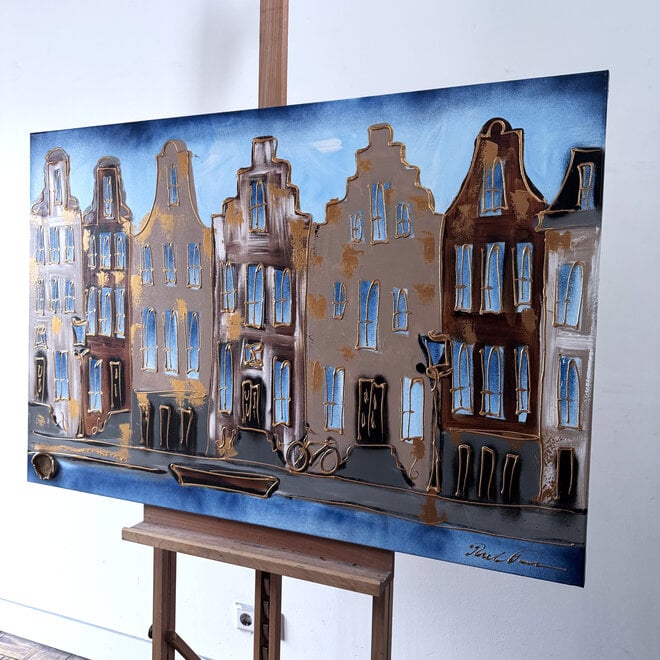 Schilderij- 80x120x4,5 cm - Rick Triest - Amsterdam Herengracht - Blue & Gold #124