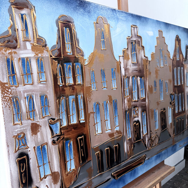 Schilderij- 80x120x4,5 cm - Rick Triest - Amsterdam Herengracht - Blue & Gold #124