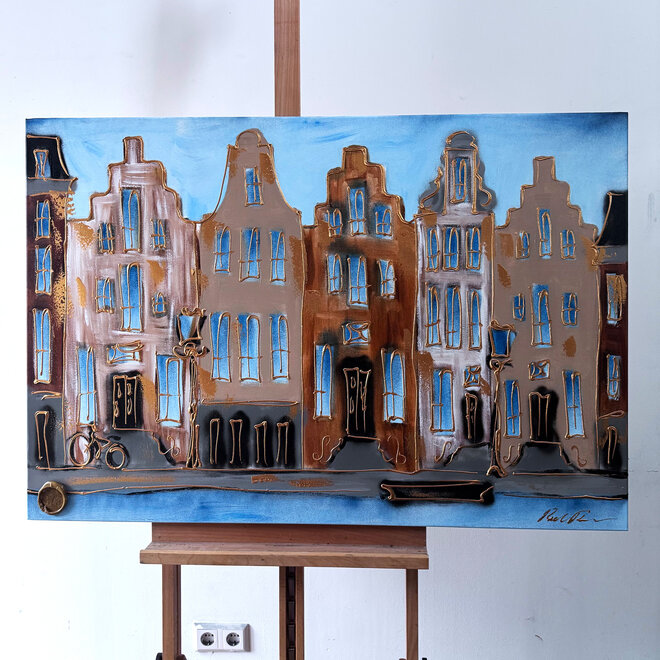 Schilderij- 80x120x4,5 cm - Amsterdam Herengracht - Blue & Gold #127