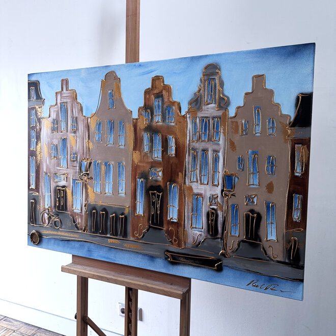 Schilderij- 80x120x4,5 cm - Rick Triest - Amsterdam Herengracht - Blue & Gold #127