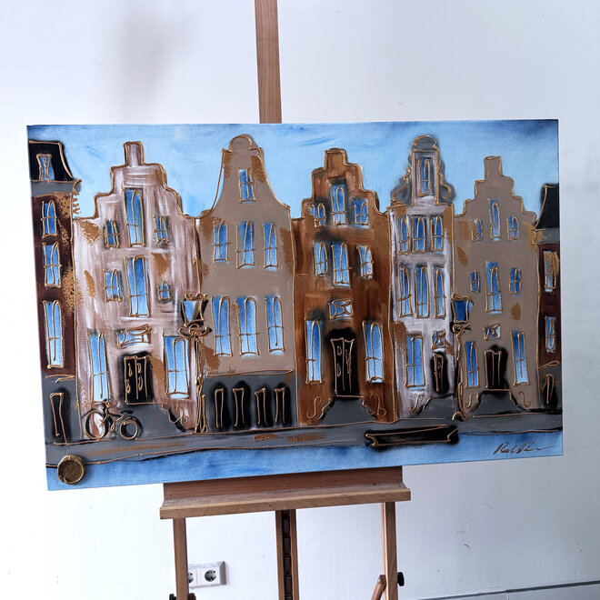 Schilderij- 80x120x4,5 cm - Rick Triest - Amsterdam Herengracht - Blue & Gold #127
