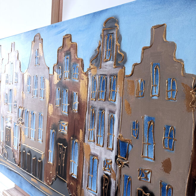 Schilderij- 80x120x4,5 cm - Rick Triest - Amsterdam Herengracht - Blue & Gold #127