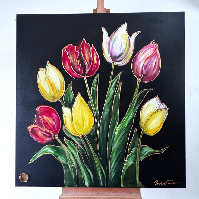 Painting- 120x120cm -Tulpenmanie - kleurrijke tulpen - Black & Gold #6
