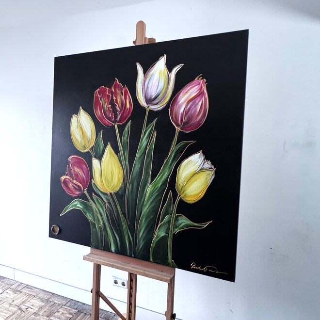 Schilderij- 120x120cm - Rick Triest - Tulpenmanie - kleurrijke tulpen - Black & Gold #6
