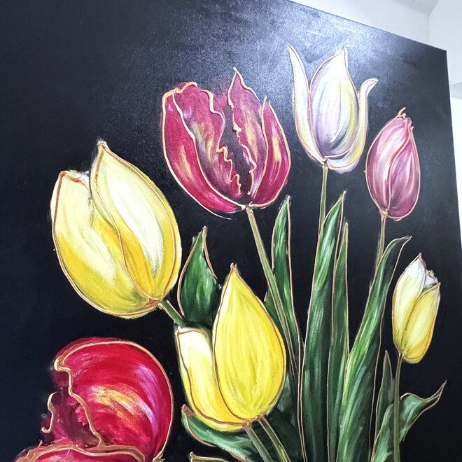 Schilderij- 120x120cm - Rick Triest - Tulpenmanie - kleurrijke tulpen - Black & Gold #6