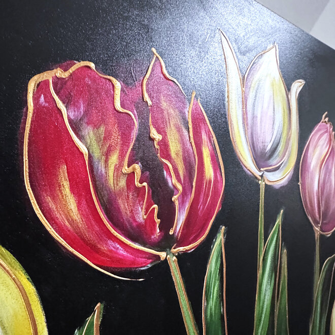 Painting-  120x120cm - Rick Triest -Tulpenmanie - kleurrijke tulpen - Black & Gold #6