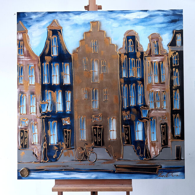 Schilderij- 120x120 cm - Rick Triest - Amsterdam Herengracht -blue and gold #1