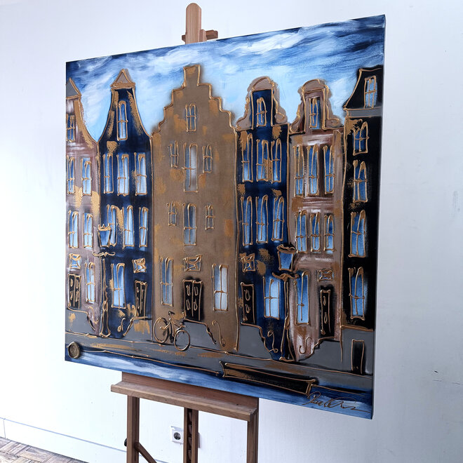 Schilderij- 120x120 cm - Rick Triest - Amsterdam Herengracht -blue and gold #1