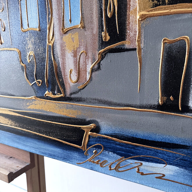 Schilderij- 120x120 cm - Rick Triest - Amsterdam Herengracht -blue and gold #1