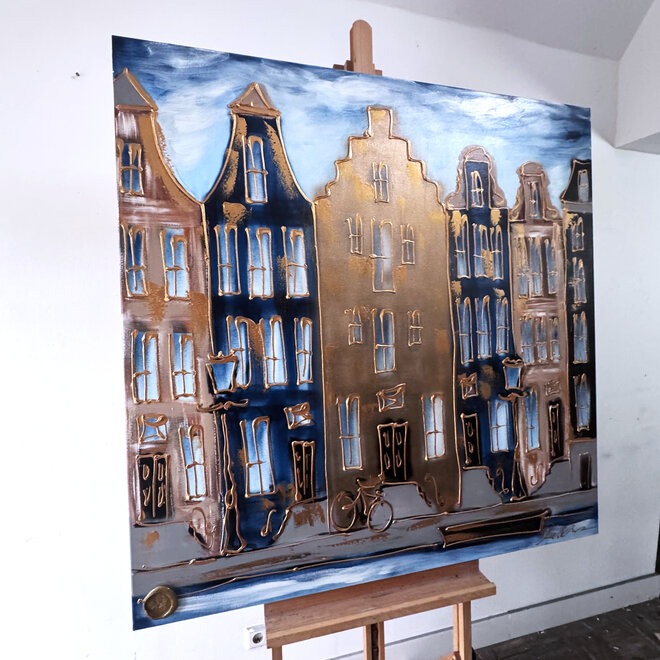 Painting- 120x120 cm - Rick Triest - Amsterdam Herengracht -blue and gold #1
