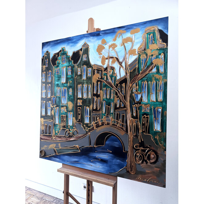 Schilderij- 120x120 cm - Rick Triest - Amsterdam Herengracht -lake green #1