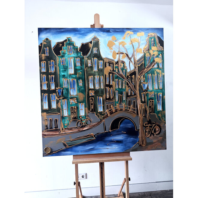 Schilderij- 120x120 cm - Rick Triest - Amsterdam Herengracht -lake green #1