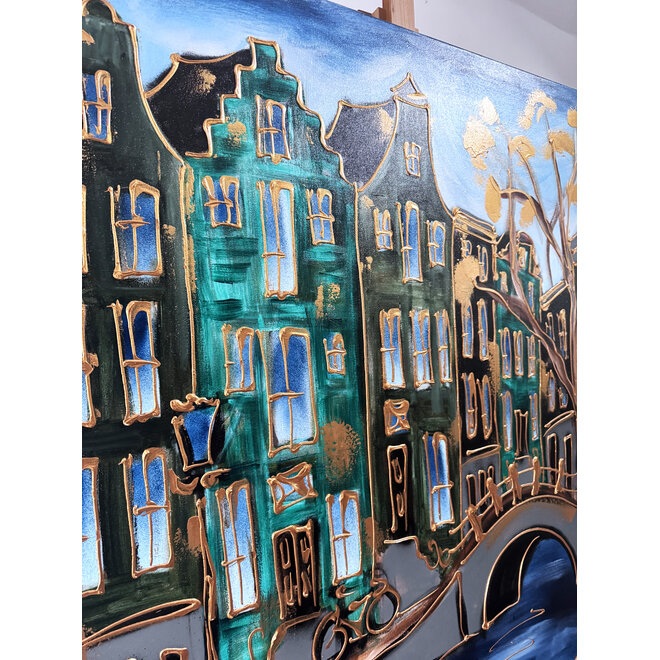 Schilderij- 120x120 cm - Rick Triest - Amsterdam Herengracht -lake green #1