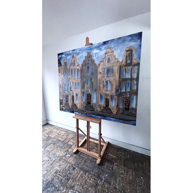 Schilderij- 120x150cm - Rick Triest - Amsterdam Herengracht - Blue and Gold #1