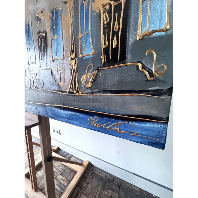 Schilderij- 120x150cm - Rick Triest - Amsterdam Herengracht - Blue and Gold #1