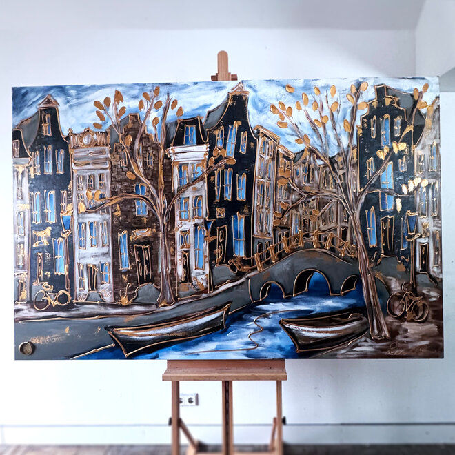 Schilderij- Rick Triest - 120X200cm - Amsterdam Herengracht -Blue & Gold #288