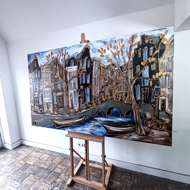 Schilderij- Rick Triest - 120X200cm - Amsterdam Herengracht -Blue & Gold #288