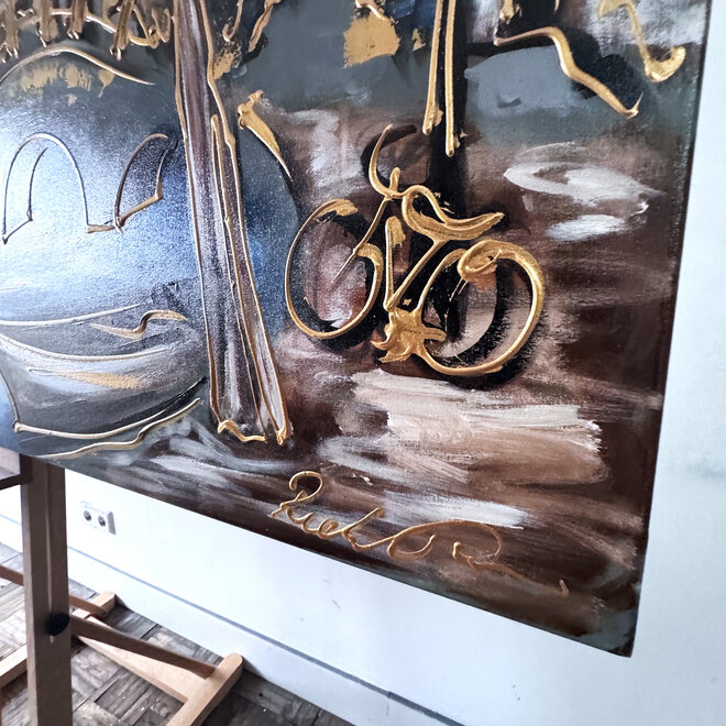 Schilderij- Rick Triest - 120X200cm - Amsterdam Herengracht -Blue & Gold #288