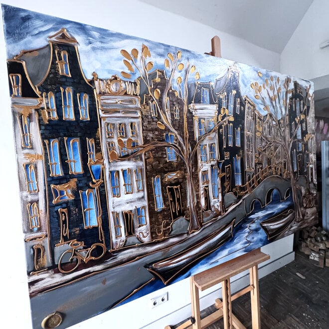 Painting- Rick Triest - 120X200cm - Amsterdam Herengracht -Blue & Gold #288