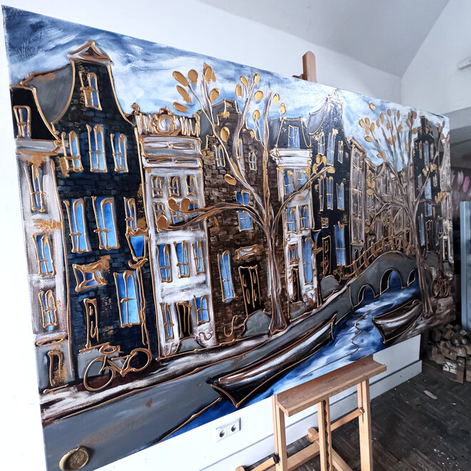 Schilderij- Rick Triest - 120X200cm - Amsterdam Herengracht -Blue & Gold #288