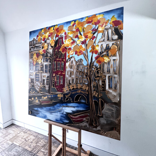 Schilderij- 140x140x2,5cm - Rick Triest - Amsterdam Prinsengracht - 4 seizoenen - Herfst #1