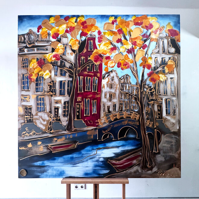 Schilderij- 140x140x2,5cm - Amsterdam Prinsengracht -Red